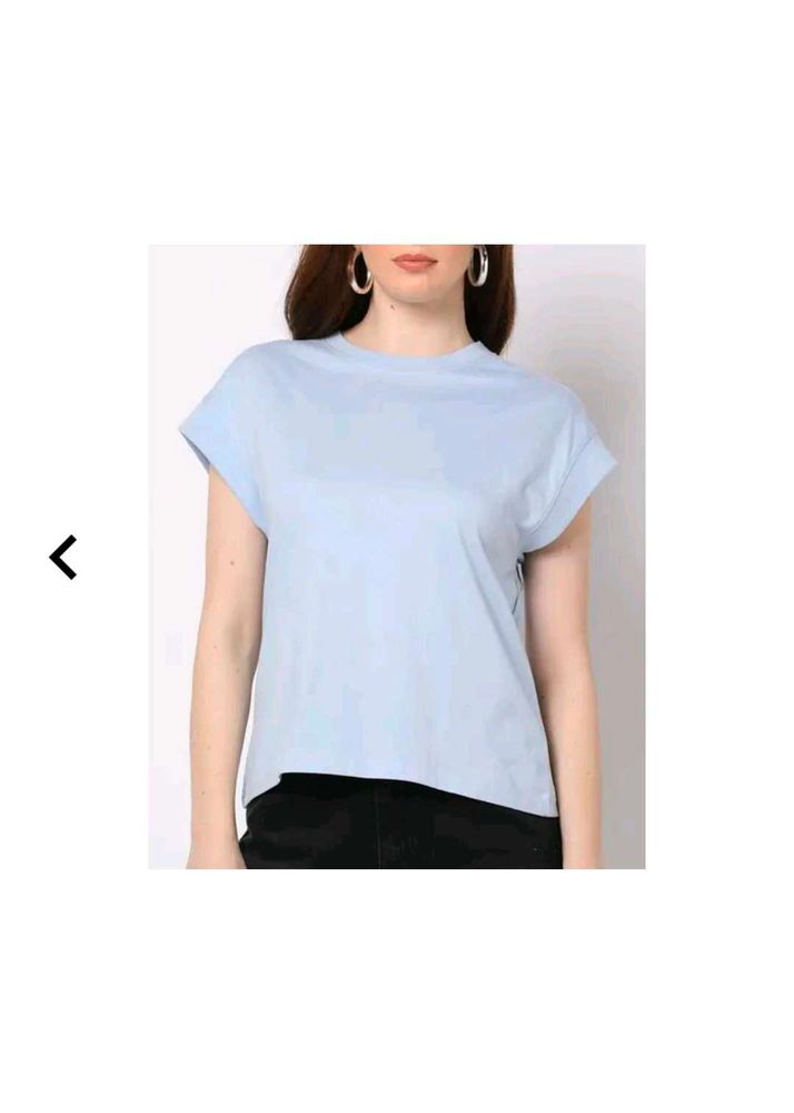 Women&#39;s Light Blue Solid Cap Sleeve Cotton T-Shirt