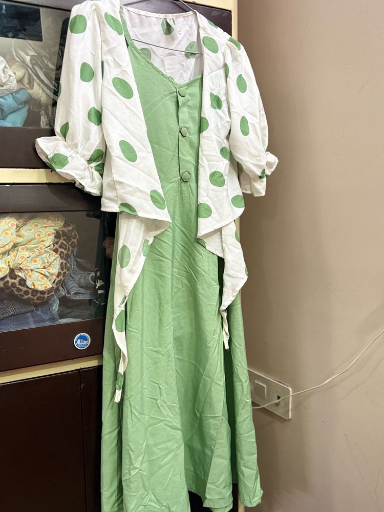 Green Dress with Polka Dot Shrug