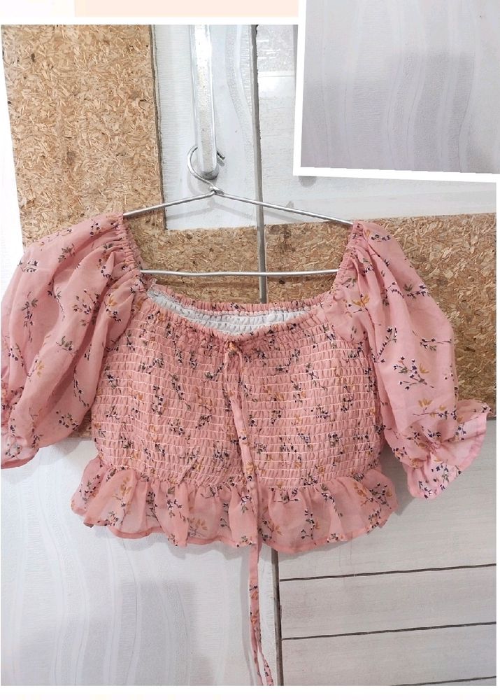 Pink Floral Smocked Crop Top