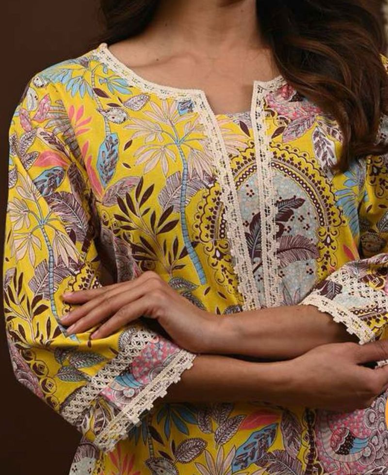 Floral Print Yellow Kurti