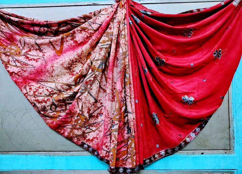 Red &amp; Pink Floral Print Saree