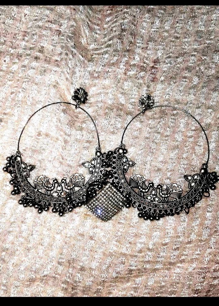 &#34;Oxidised Silver Hoop Earrings With Ring&#34;