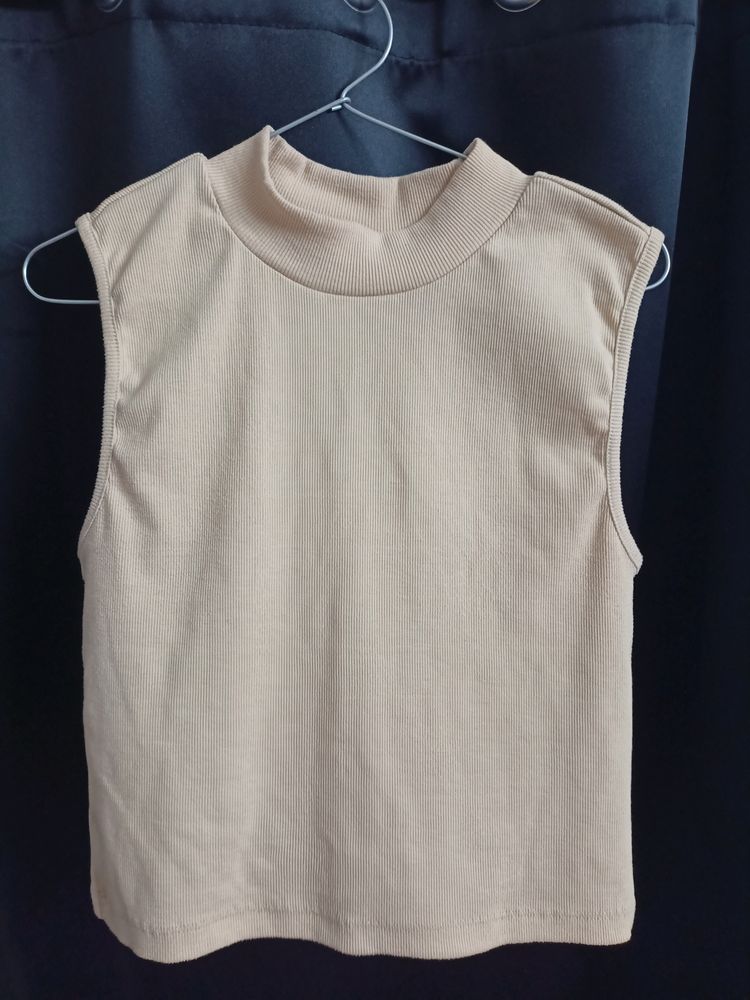 Tokyo Talkies Beige Crop Sleeveless Top