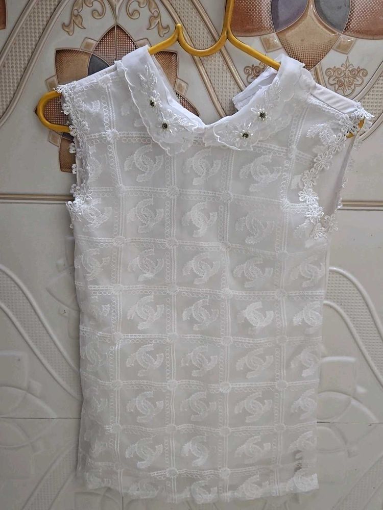 Elegant White Sheer Lace Collar Sleeveless Top