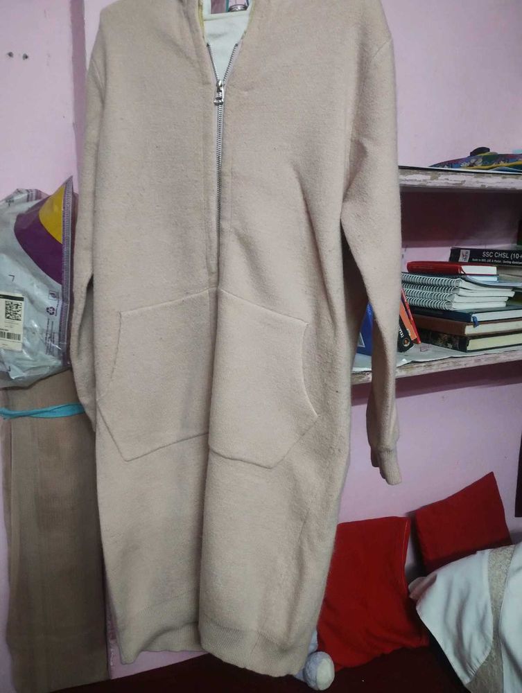 Beige Longline Zip-Up Hoodie