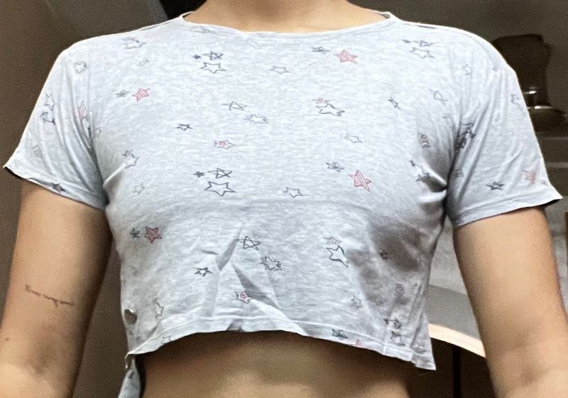 Grey Star Print T-Shirt - Cute &amp; Casual (Size S)