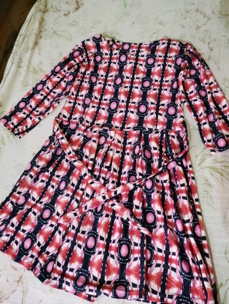 Patterned Midi Dress with Belt