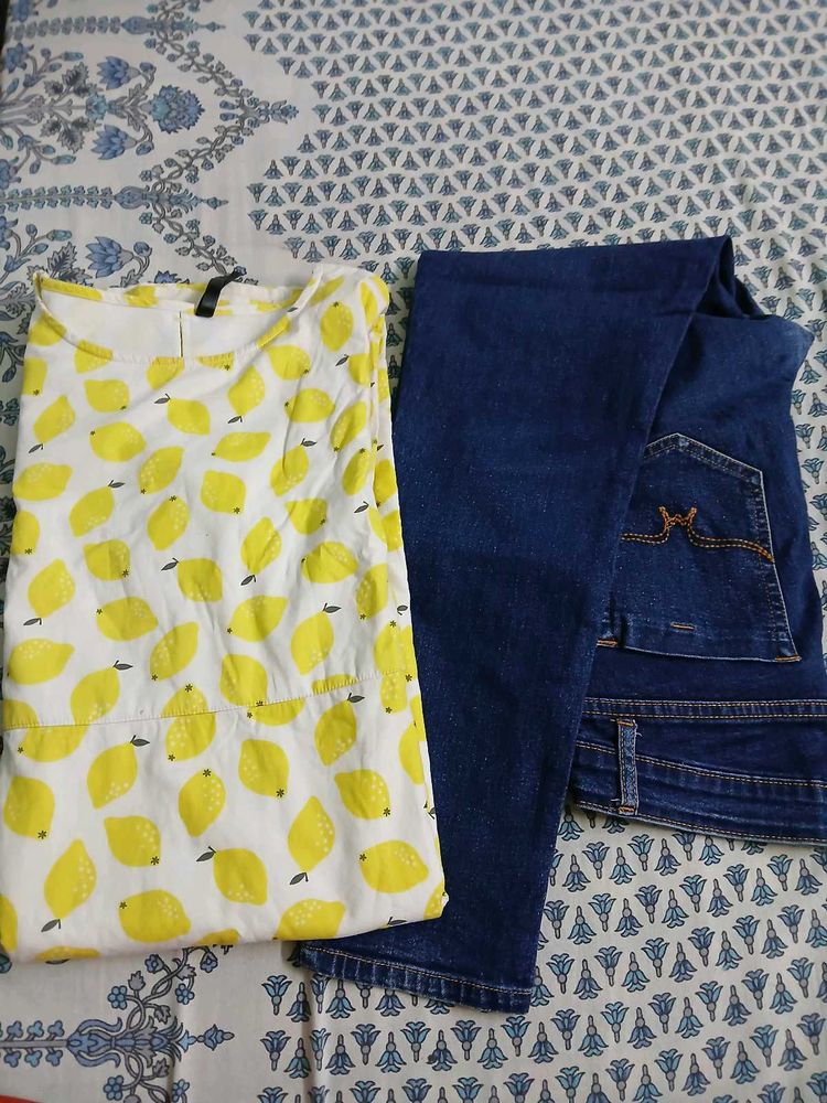 Lemon Print Top &amp; Denim Jeans Bundle