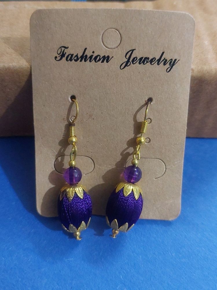 &#34;Elegant Purple Silk Thread Bead Earrings(Like New