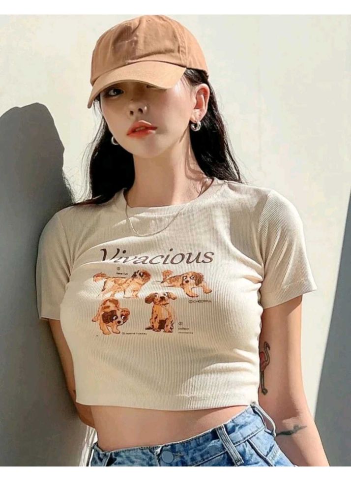 Beige Graphic Ribbed Tee