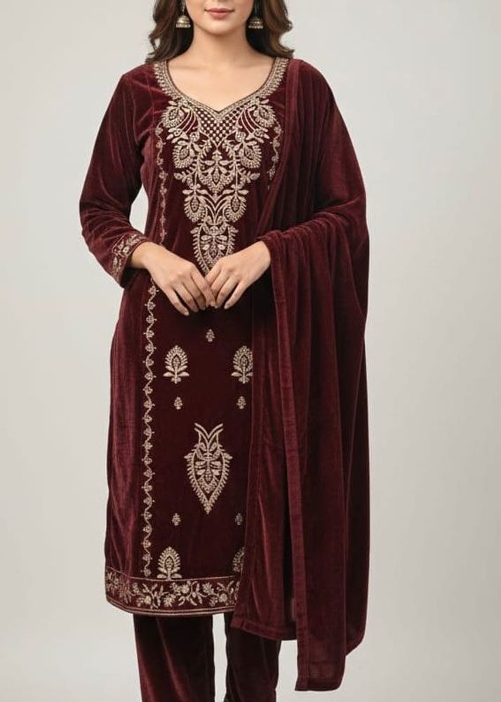 Velvet Embroidered Kurta Set