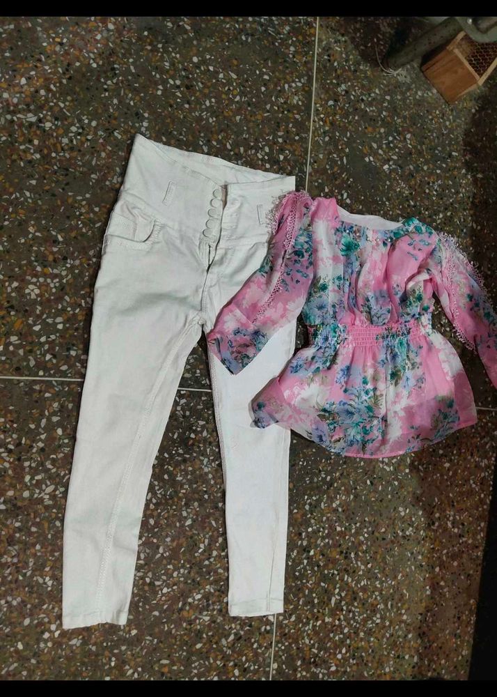 Combo Of Pink Top And White Denim Jeans