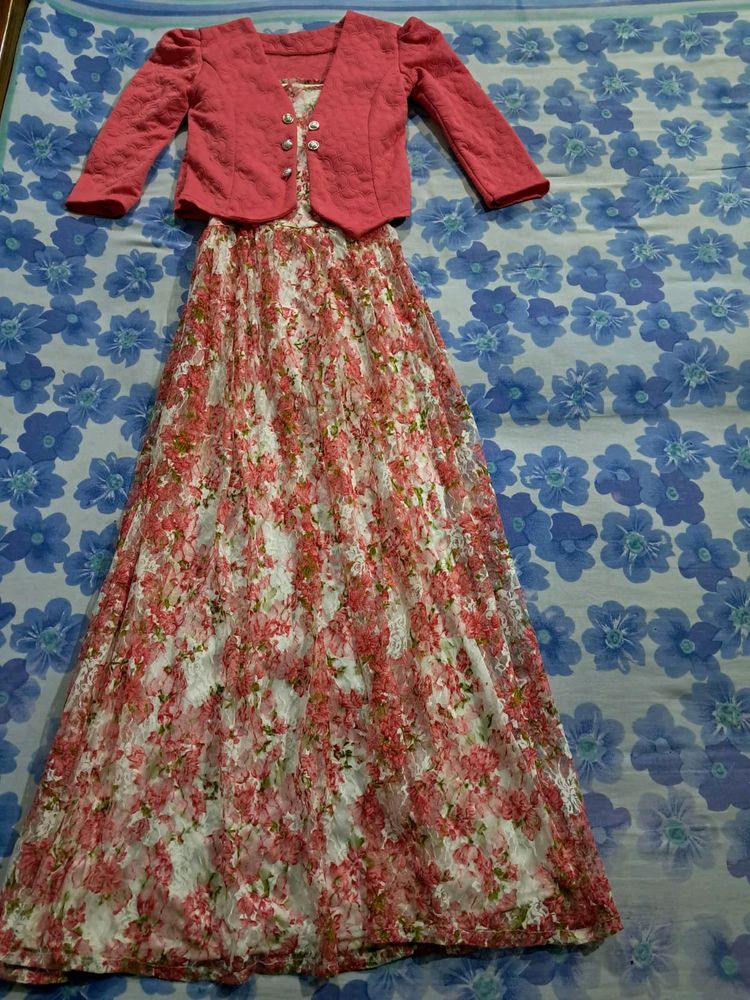 Peach Lace Gown With Blazer