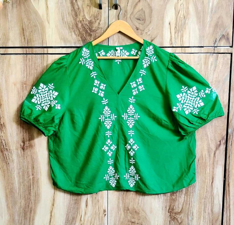 Green Embroidery Work Cotton Top Size-44