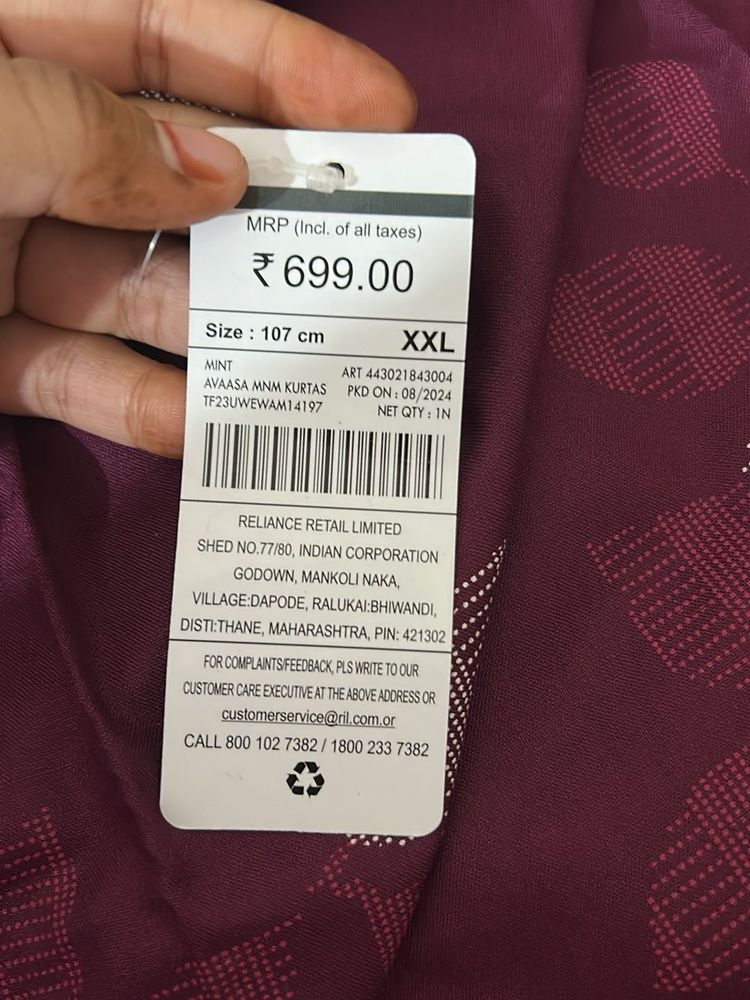 Avaasa Mint Kurta - XXL New with Tag