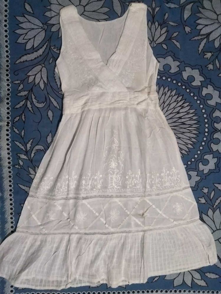 White Embroidered Sleeveless Dress