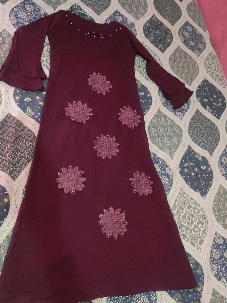 Elegant Burgundy Floral Applique Dress