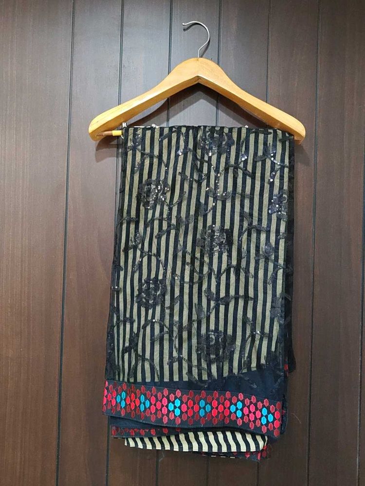 Elegant cream &amp; Black Striped Saree