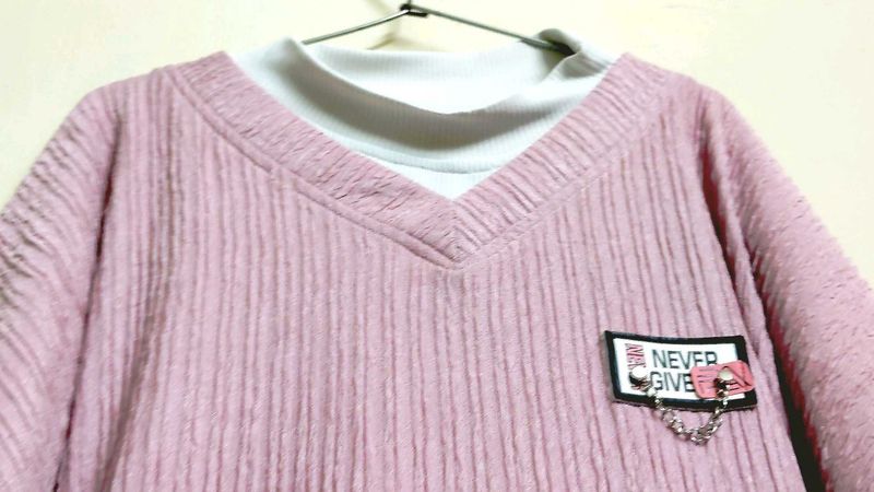 Cute Pink V-Neck Sweater Like T Shirt