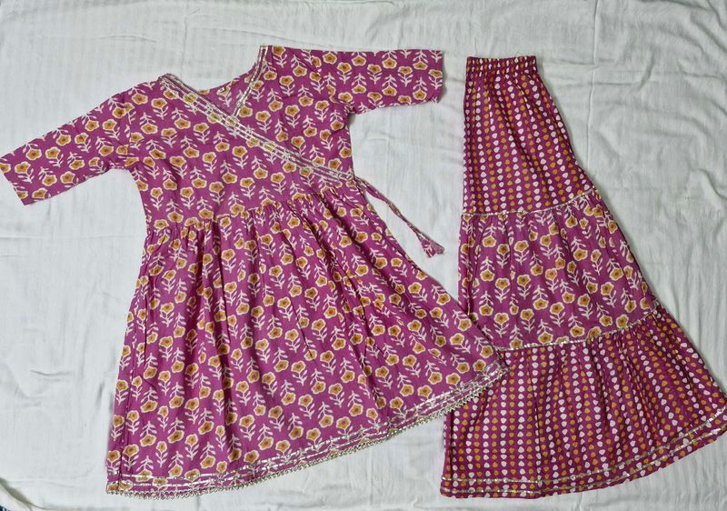 Floral Print Angrakha Style Dress with Tiered Pant