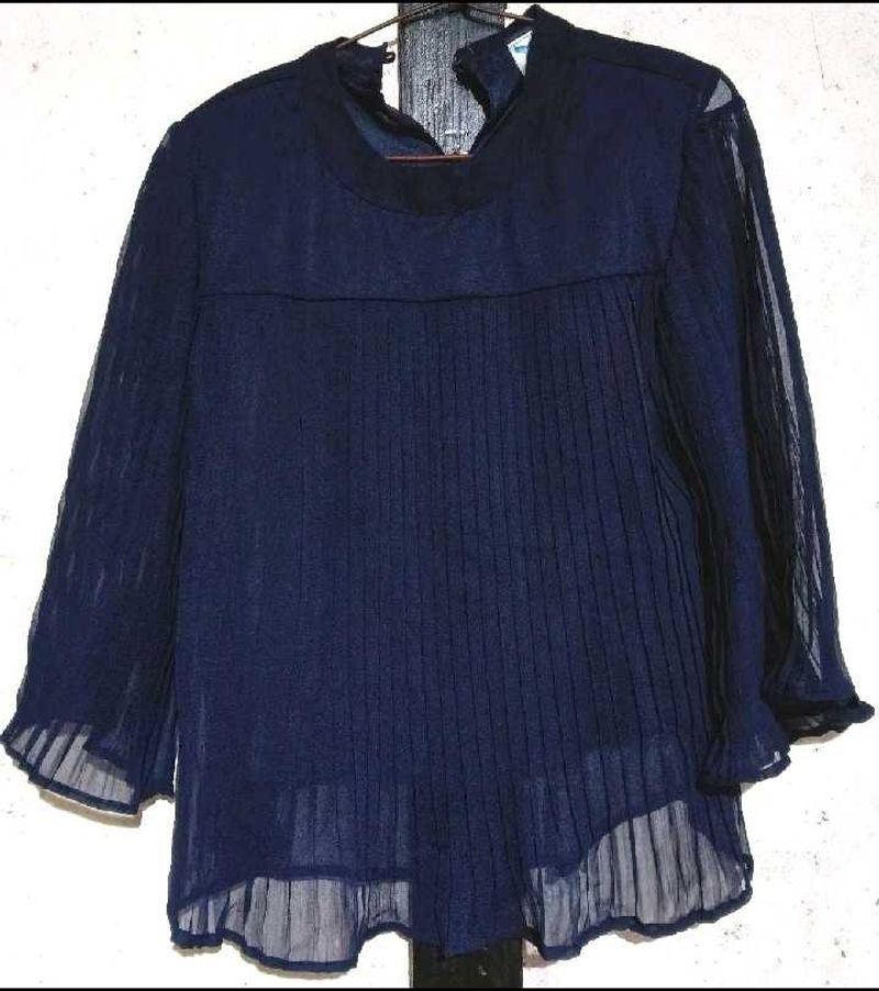 Navy Pleated Sheer Blouse