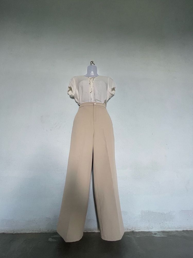 Beige Wide Leg Pants