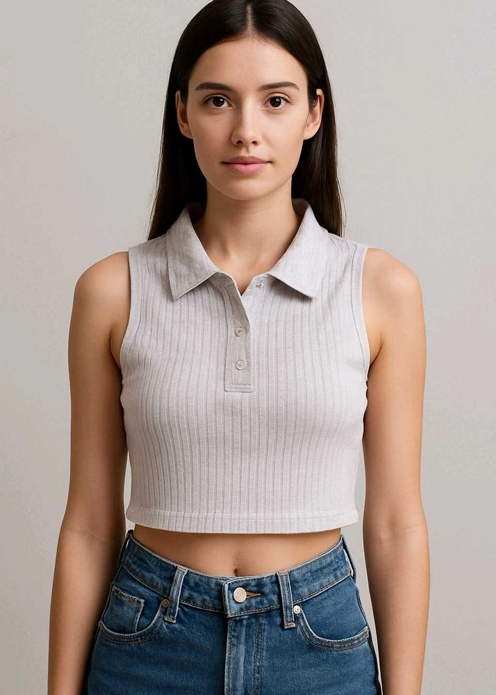 Ribbed Knit Polo Crop Top