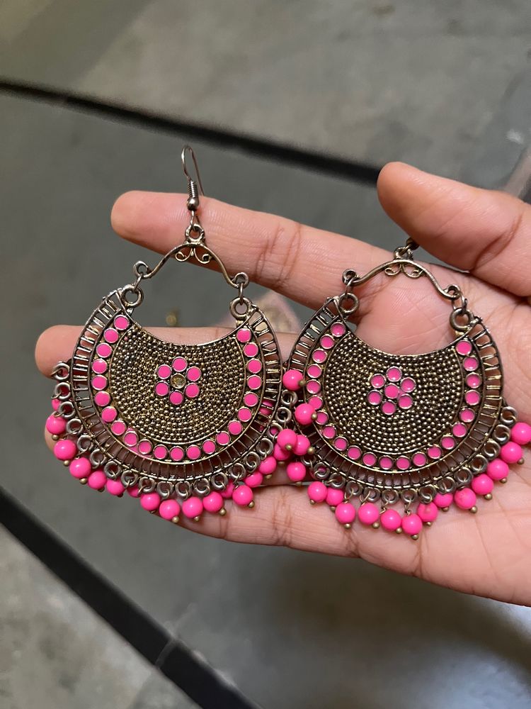 Pink Hoop Earrings And Oxidised Mirror Earrings