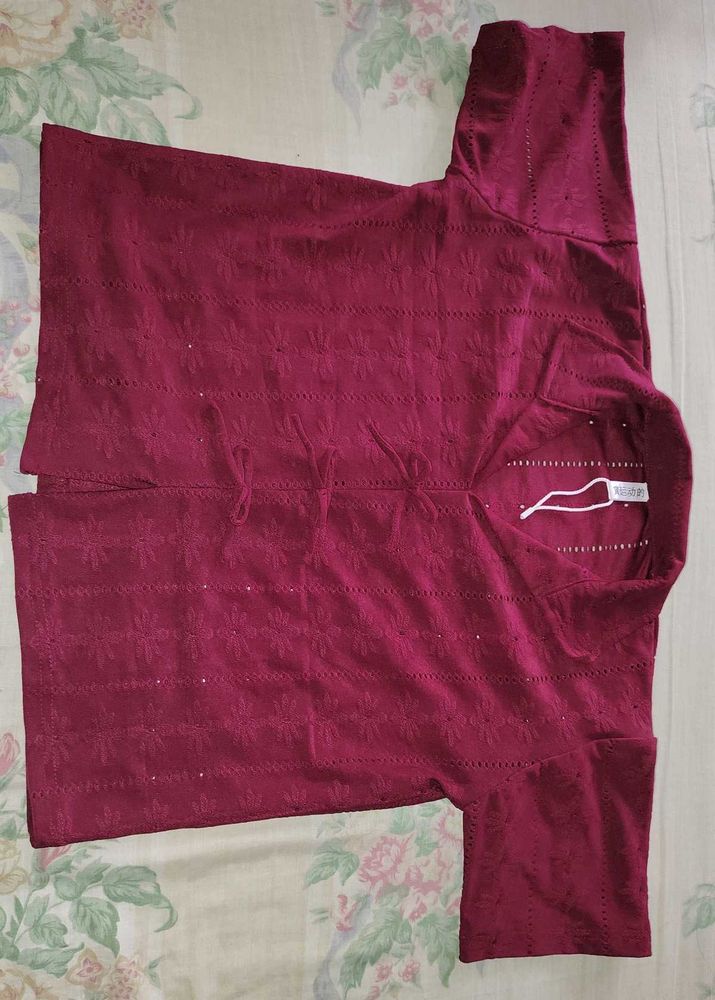Burgundy Eyelet Tie-Front Top