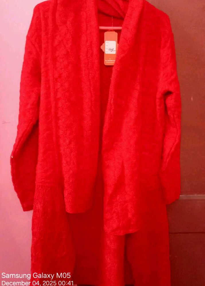 ATTRACTIVE RED KNIT LONG CARDIGAN