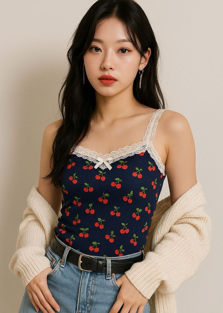 🍒y2k cherry Prints Lace Details Tank Top