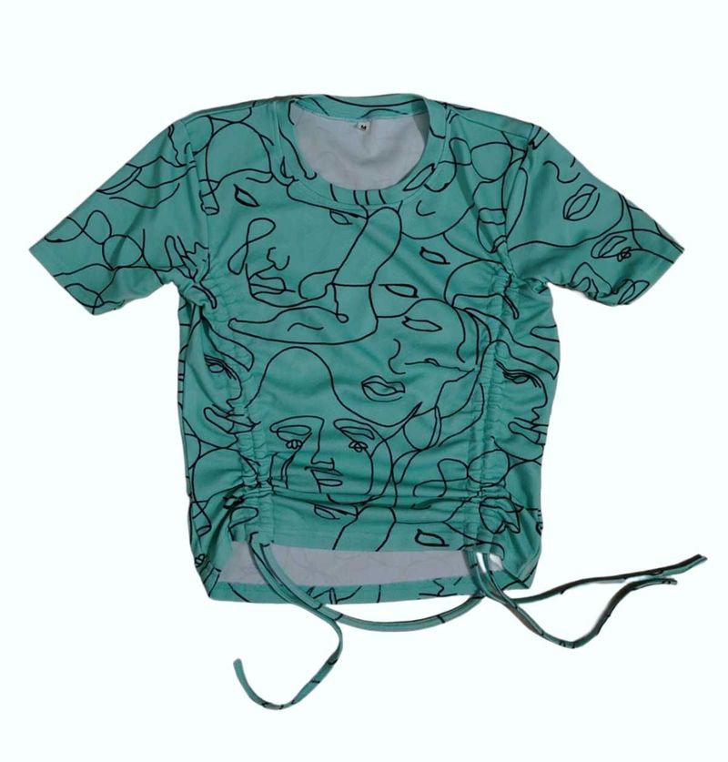 Abstract Face Print Drawstring Top