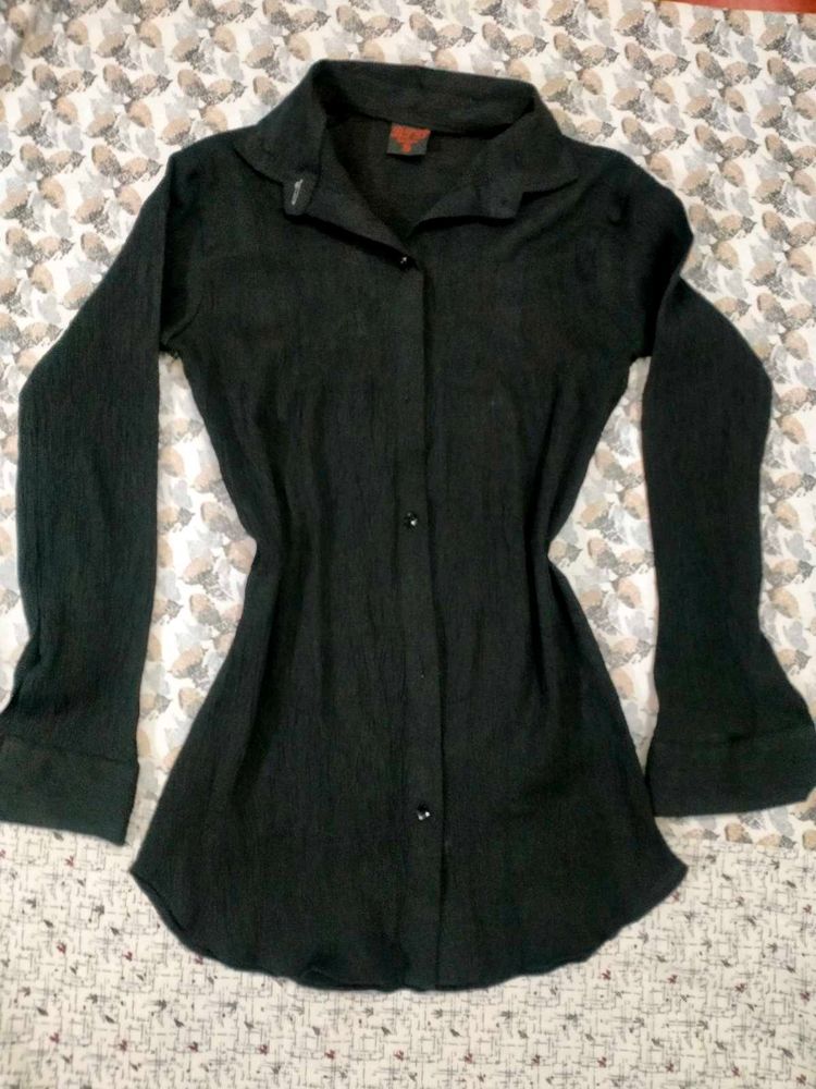 Black Semi Sheer Fitted Georgette Y2K Shirt