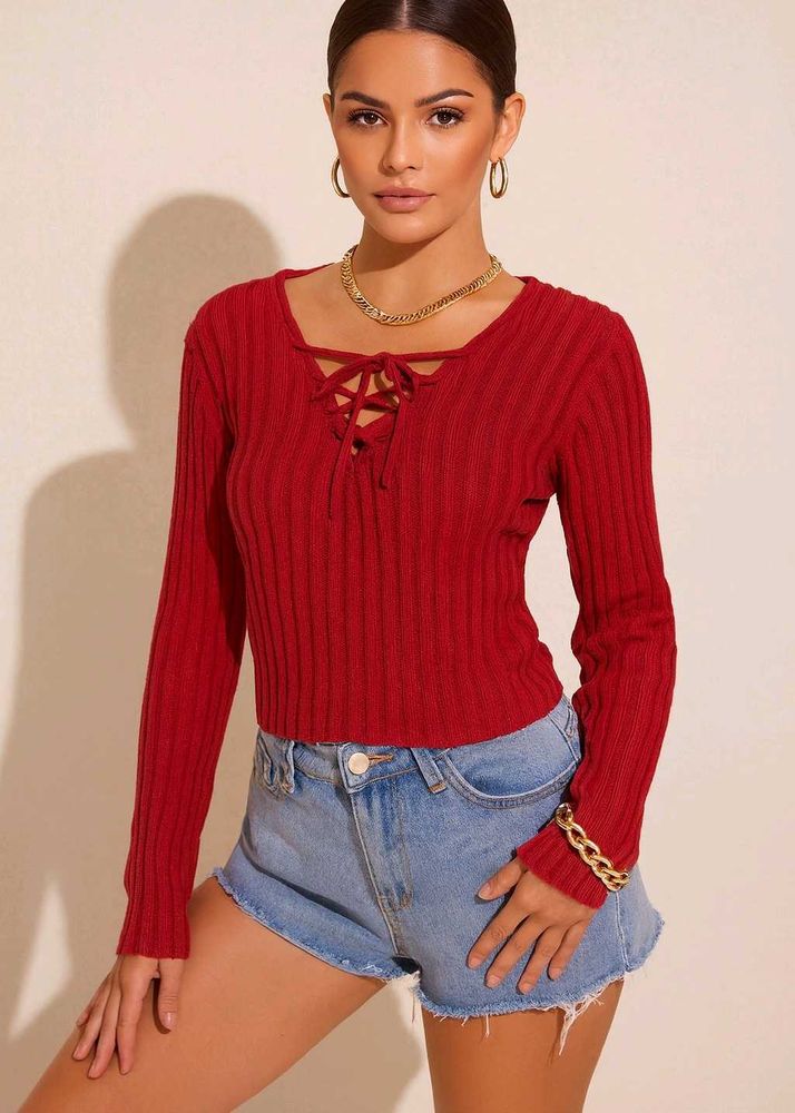 🎀Red Lace-Up Long Sleeve Top C