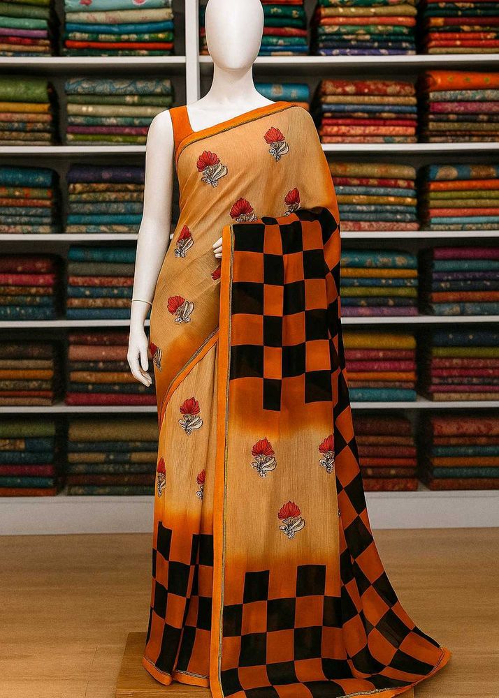 Elegant Floral &amp; Checkered Saree