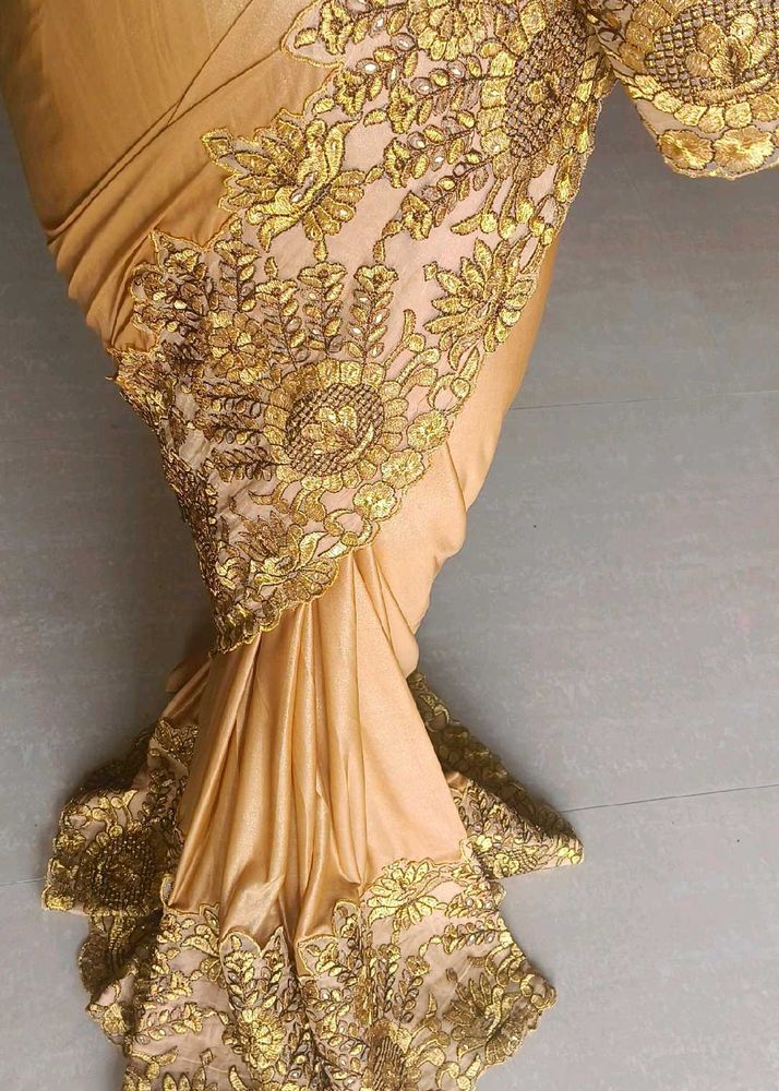 Golden Lycra Silk Floral Embroidered Lace Saree