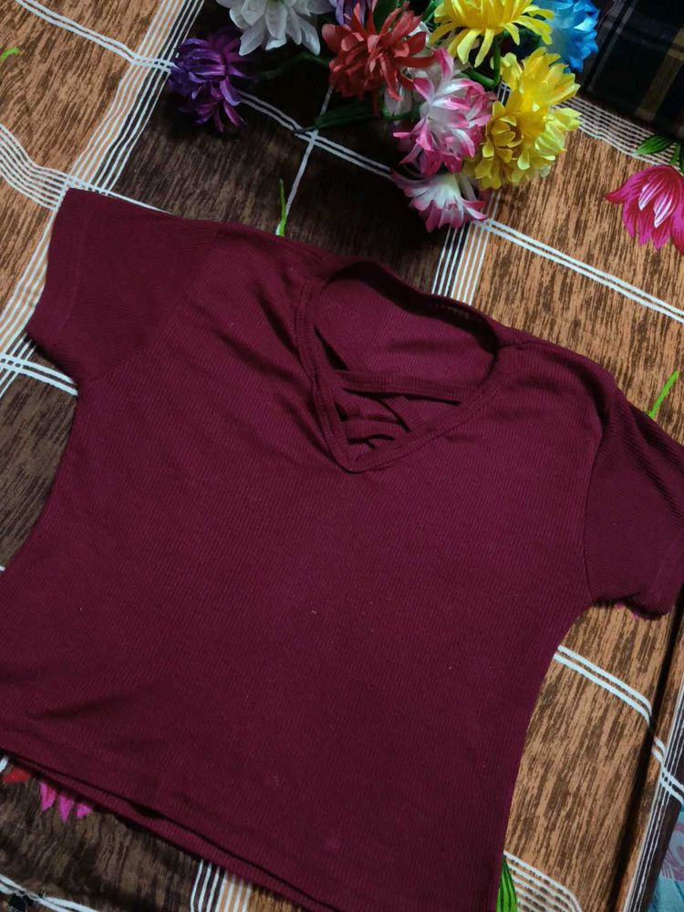Burgundy V-Neck crop top