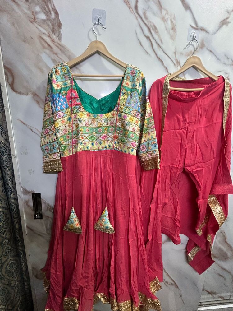 Pink Anarkali with pant and dupatta