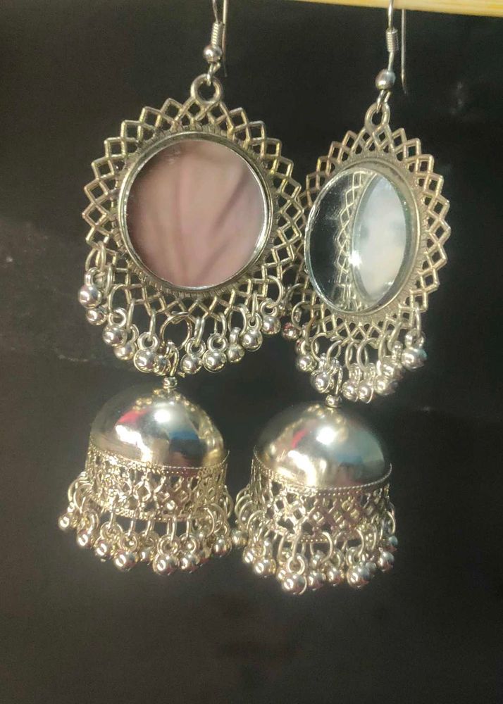 Silver Jhumka Earrings with Mirror Detail