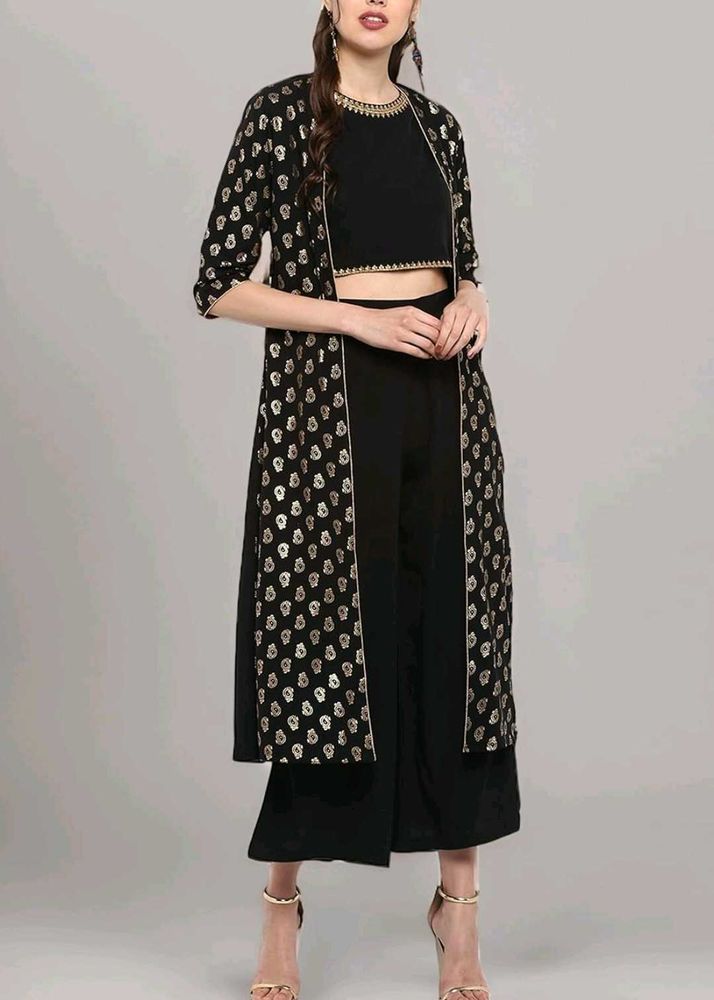 Black &amp; Gold Printed Crop Top Set with Duster