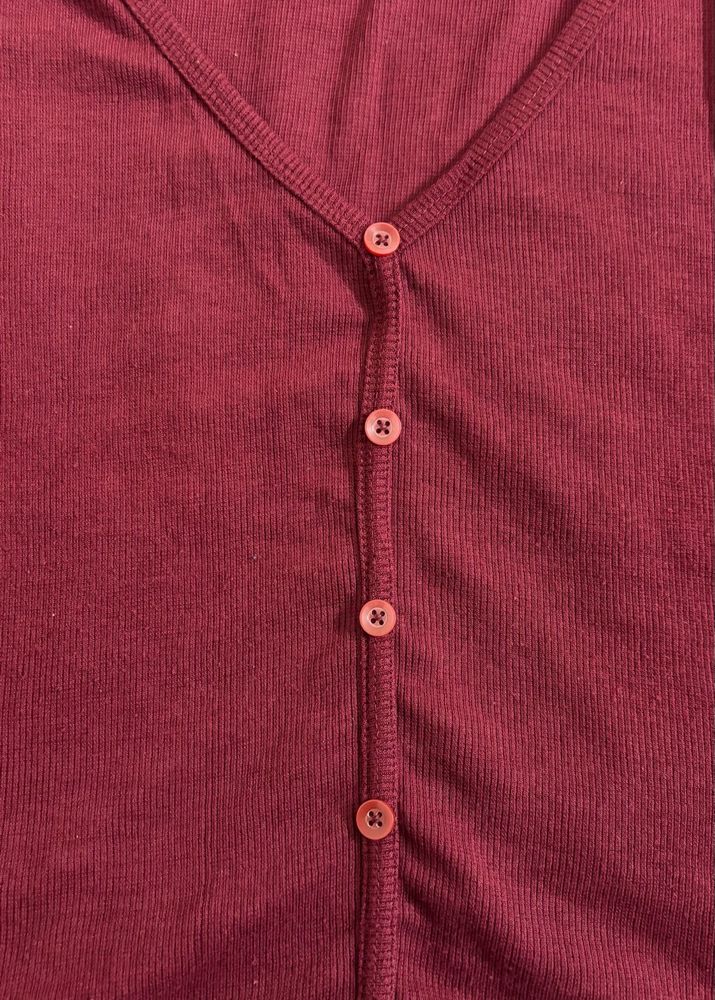 Burgundy Ribbed Button-Up Top