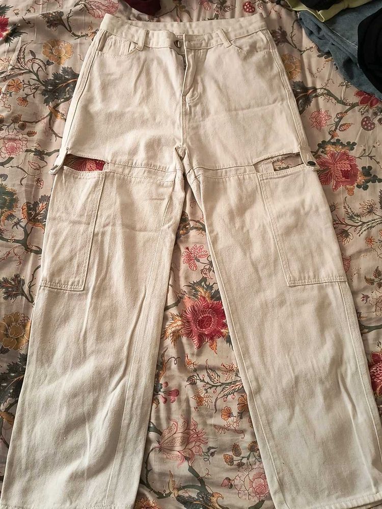 Wide Leg Beige Cargo Pants