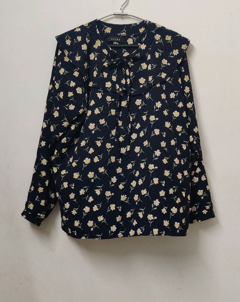 Korean Floral Truffle Neck Top