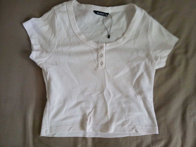 White Ribbed Button-Up Top