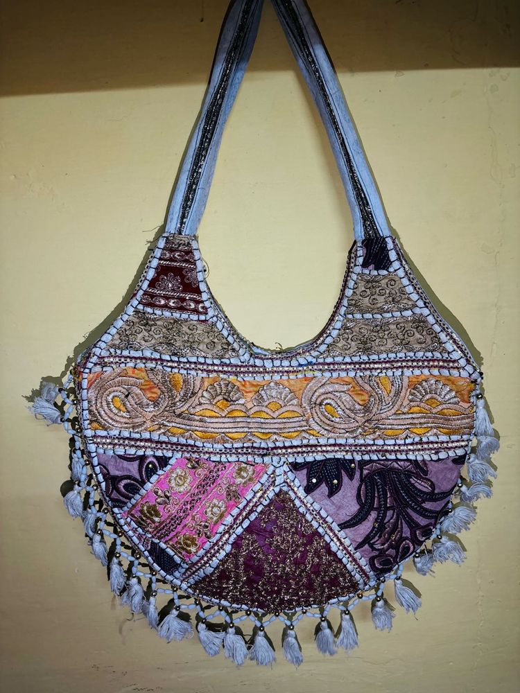 Boho Patchwork Shoulder Bag with Tassels