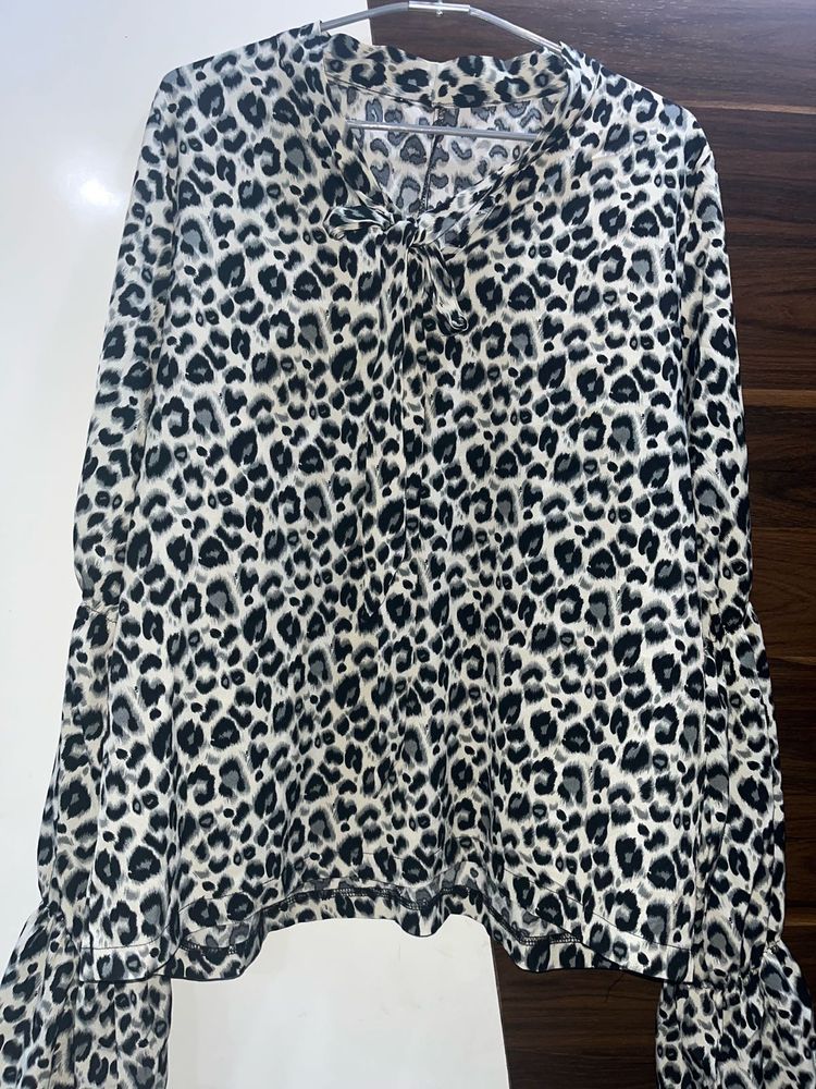 Leopard Print Tie Neck Top