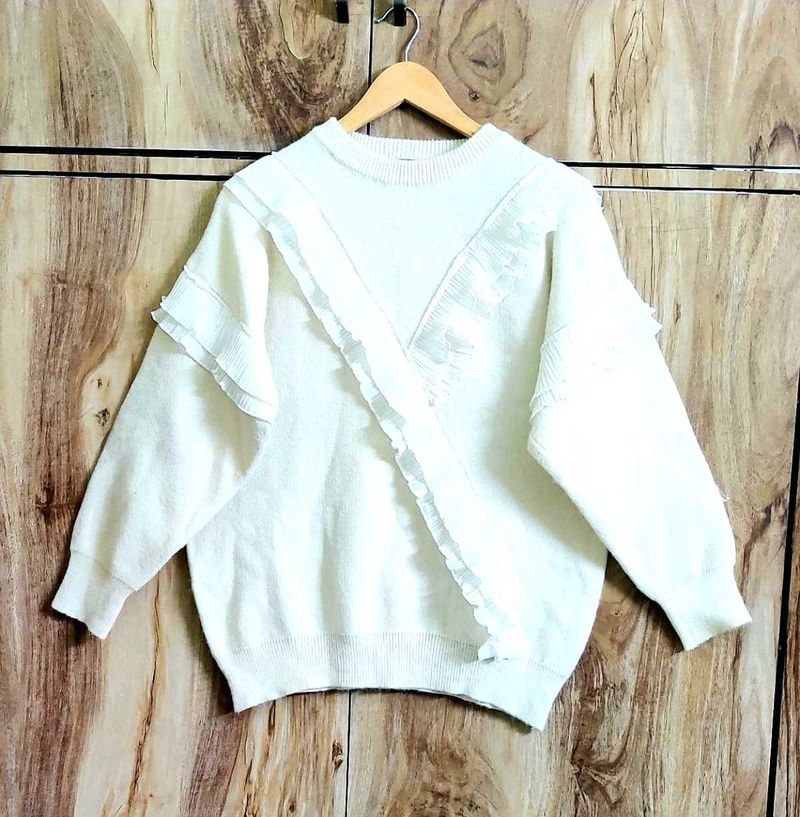 White Frill Sweater Size-42