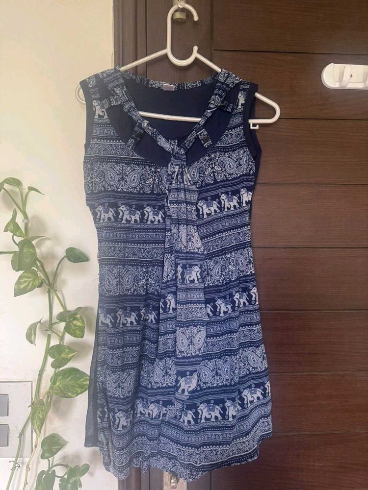 Blue Indo-western Print Sleeveless Tunic