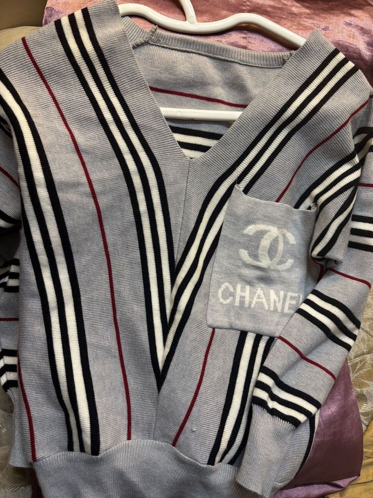 Chanel Striped V-Neck Pullover