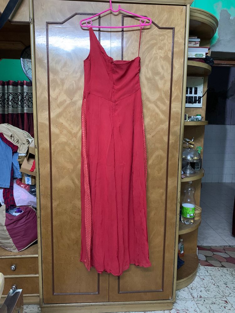 Red Colur One Shoulder Jumpsuit Dress With Sequence Work On The Sides